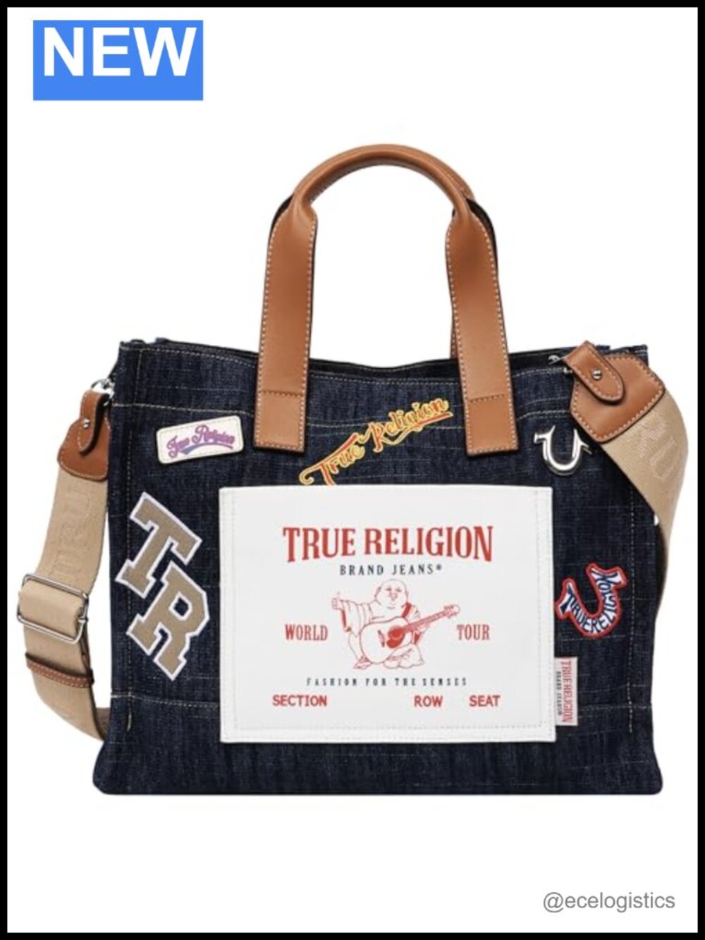 True Religion Medium Tote Bag Multi Patch Dark Denim Shoulder Handbag with